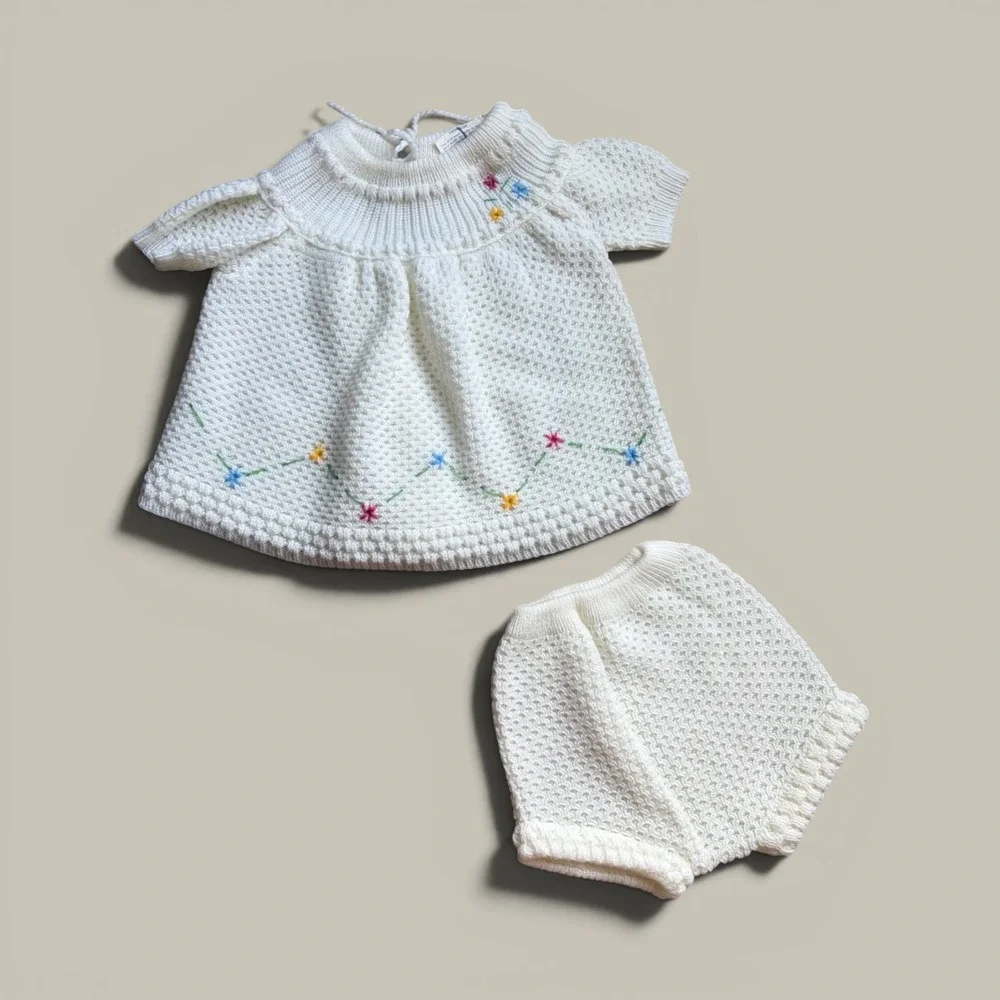 Vintage Baby Elegance Knit Set White Floral Embroidered Tunic Bloomers Greece M